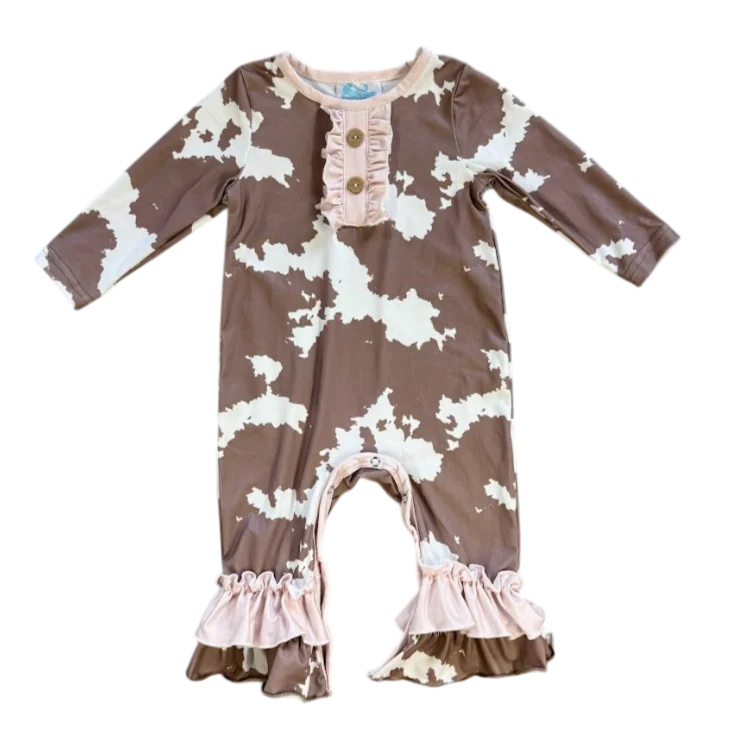 CLEARANCE - Shea Baby - Girls- Brown Cowprint Long Sleeve Romper