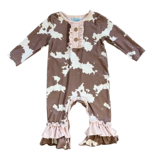 Shea Baby - Girls- Brown Cowprint Long Sleeve Romper