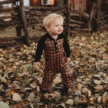 Baby Boy's Shea Baby  Brown Plaid Long Sleeve Romper