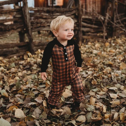 Baby Boy's Shea Baby  Brown Plaid Long Sleeve Romper