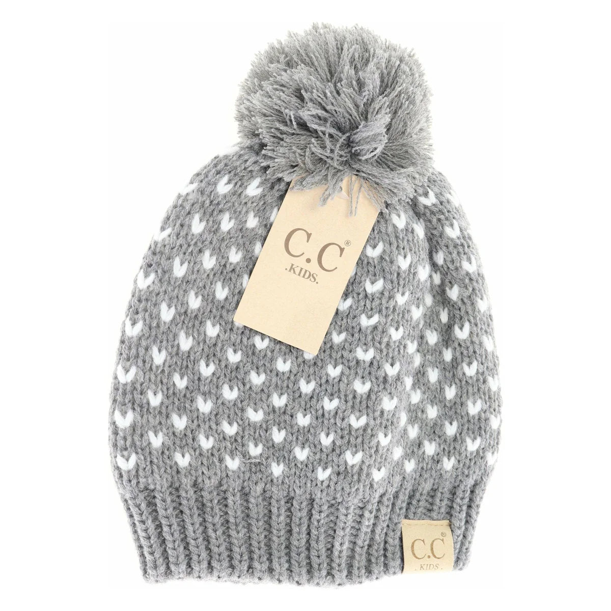 CLEARANCE - C.C KIDS Heart Knit Pom Beanie - Light Grey/Ivory