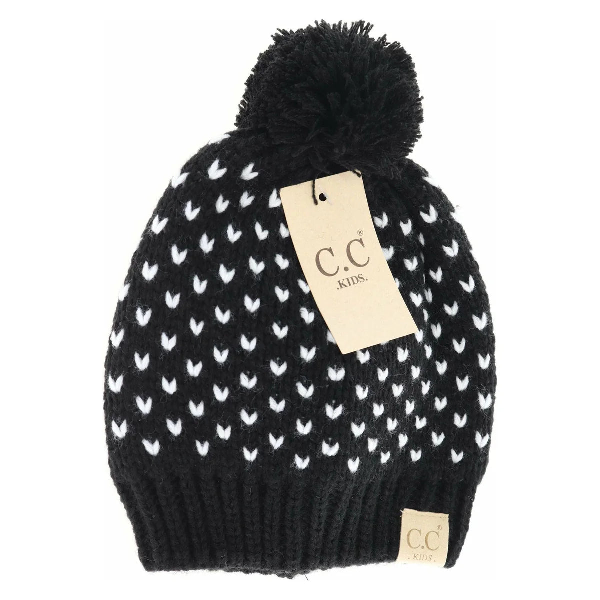 CLEARANCE - C.C KIDS Heart Knit Pom Beanie - Black/Ivory
