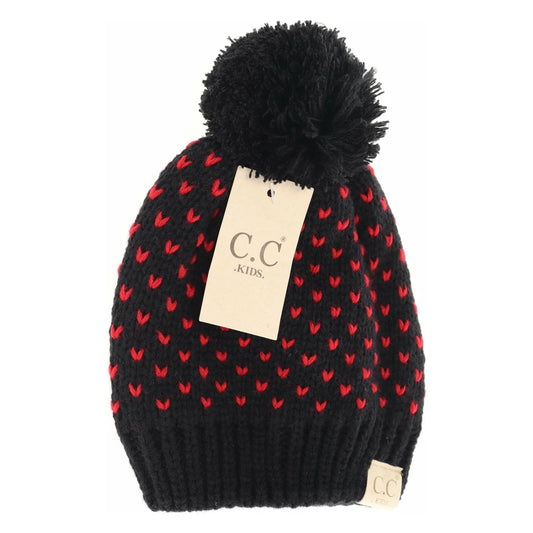 CLEARANCE - C.C KIDS Heart Knit Pom Beanie - Black/Red
