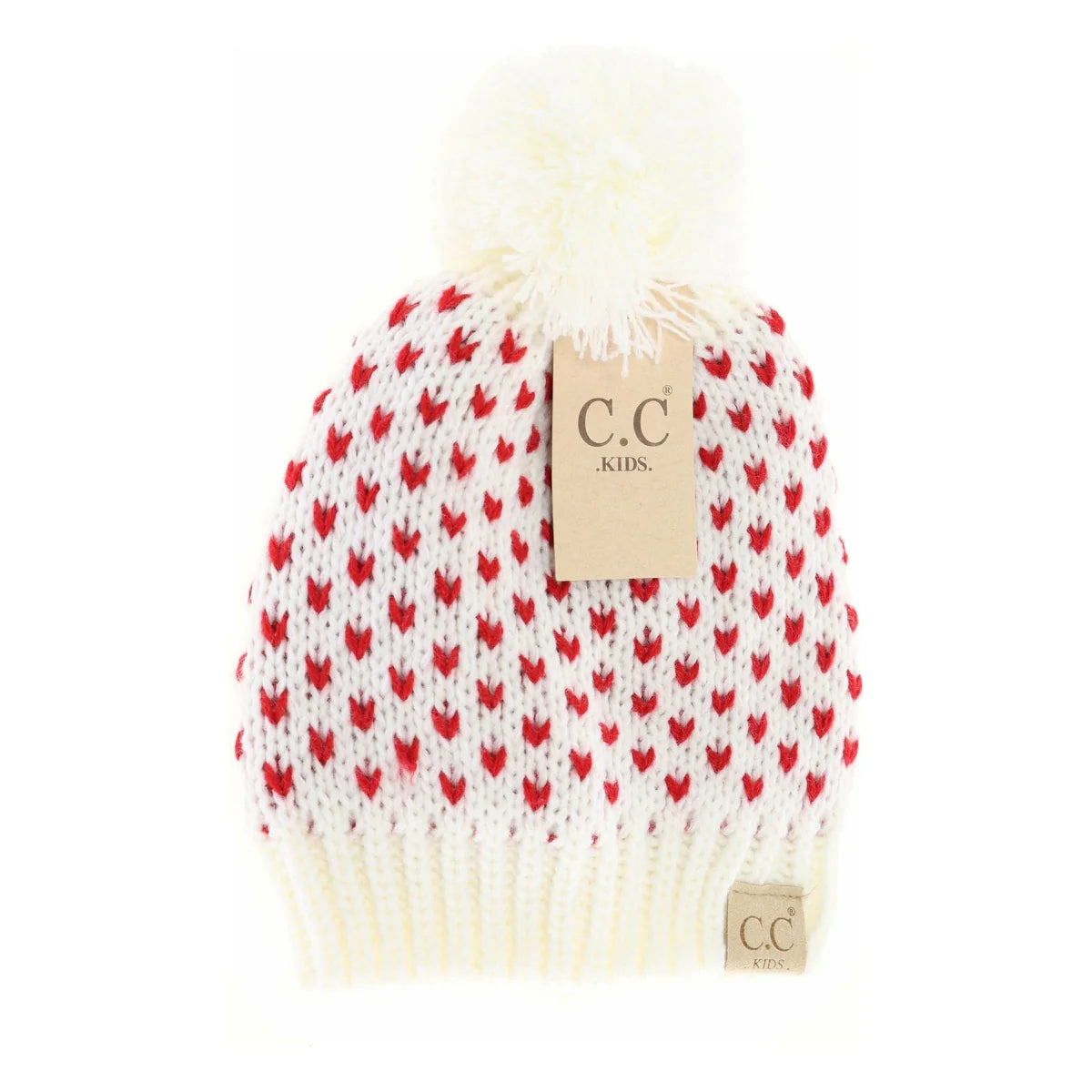 CLEARANCE - C.C KIDS Heart Knit Pom Beanie - Ivory/Red