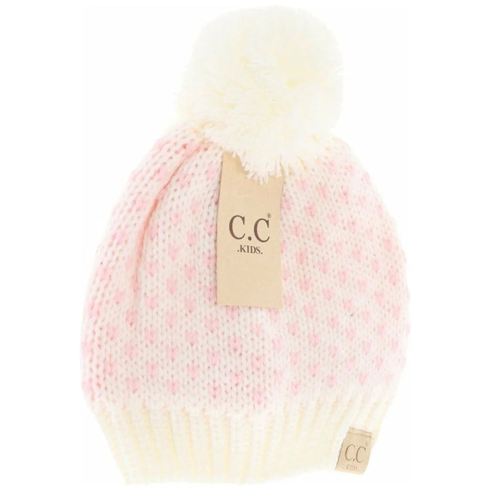 CLEARANCE - C.C KIDS Heart Knit Pom Beanie - Ivory/Pink