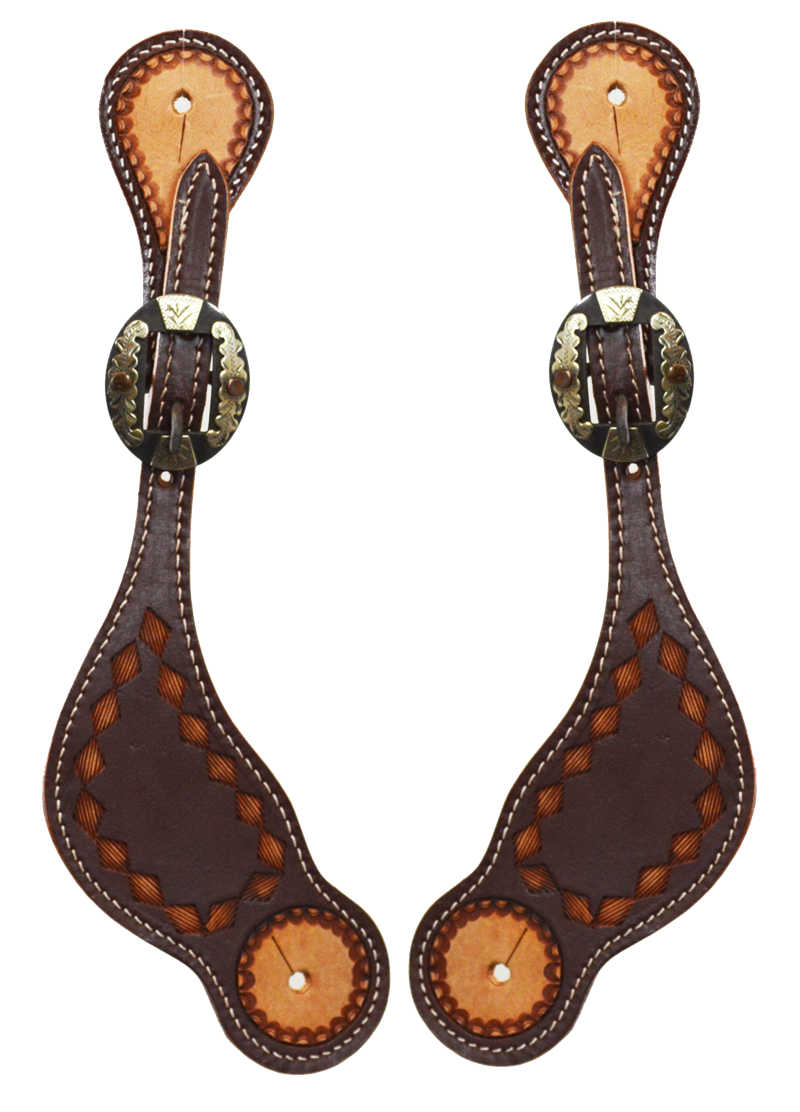 Ladies Two Toned Diamond Tooled Spur Strap (Antique Floral Buckle) - SS/62