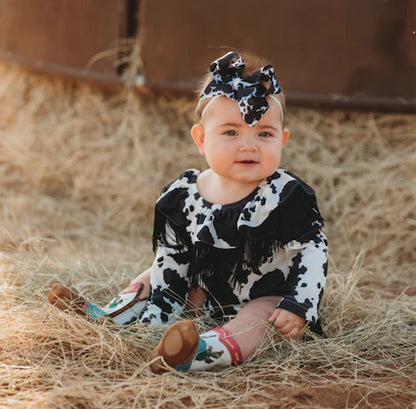 CLEARANCE - Shea Baby - Girls- Cowprint Off Shoulder Fringe