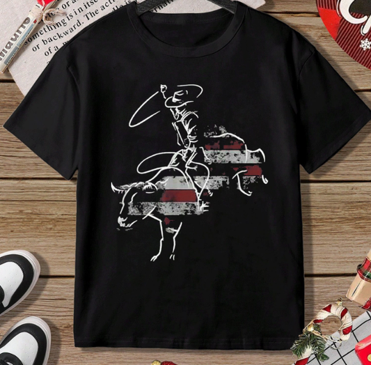 Boy's Graphic Tee With Bull Rider Print
