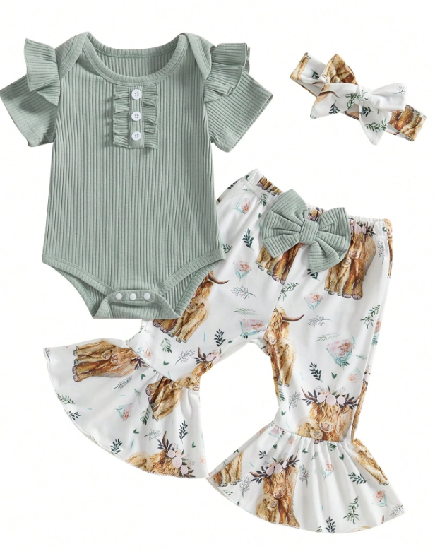 Baby Girls Set - Romper Bell Bottom Set with Bow- Highlander