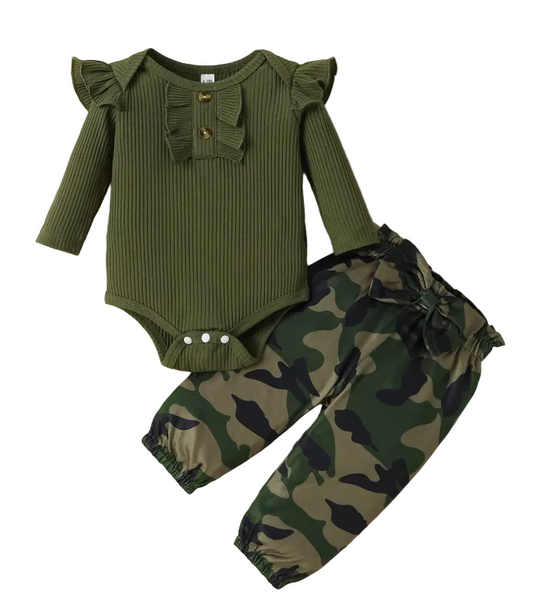 Baby Girl Set -  Long Sleeve Ruffle Bodysuit & Camo Print Pants