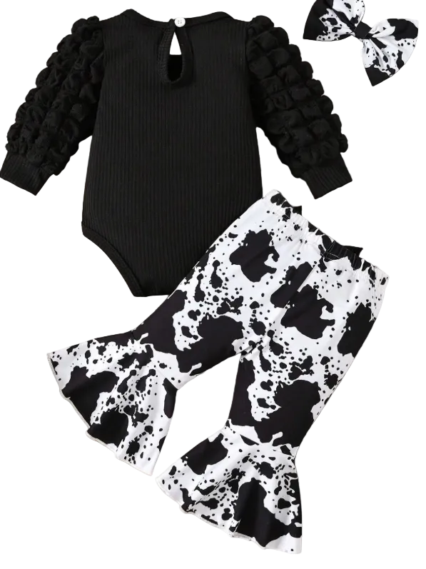 Baby Girls' Set - Puff-Sleeve Ribbed Bodysuit With Cow Print Ruffle Flared Pants