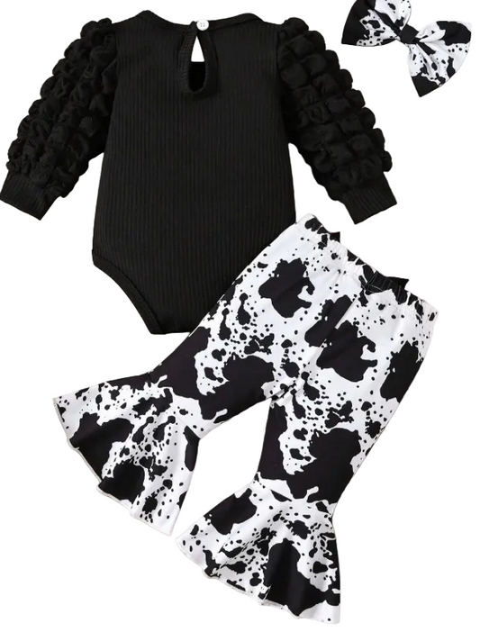Baby Girls' Set - Puff-Sleeve Ribbed Bodysuit With Cow Print Ruffle Flared Pants