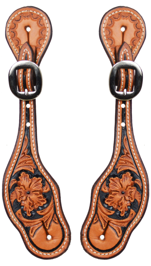 Ladies Floral Tooled and Painted Spur Strap (Black) - 33