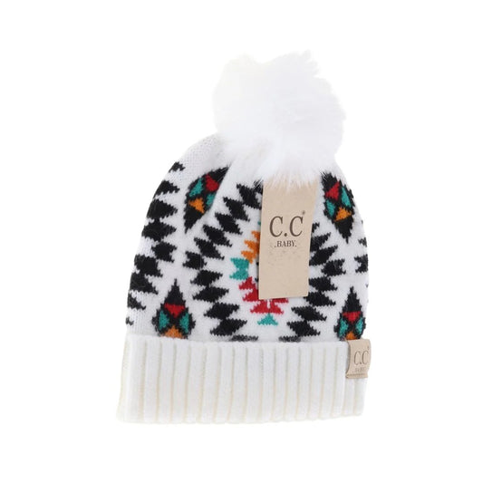 CLEARANCE - C.C Beanie BABY Aztec Patterned Faux Fur Pom- White