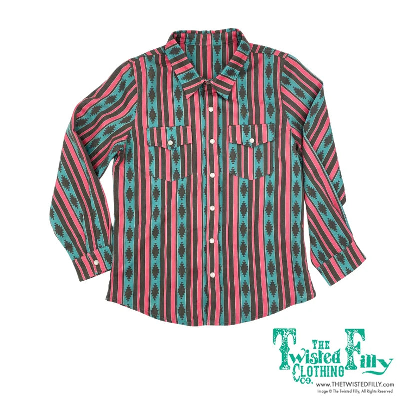 The Twisted Filly - Vintage Pink Aztec - Youth Long Sleeve Pearl Snap