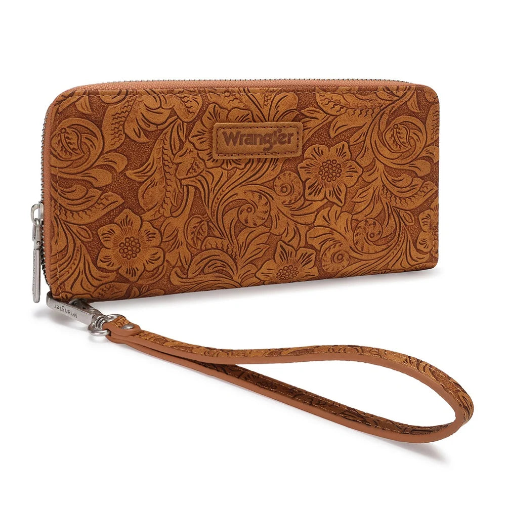 Wrangler Floral Tooled Wristlet RFID Wallet - Brown