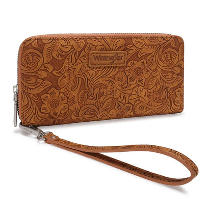 Wrangler Floral Tooled Wristlet RFID Wallet - Brown