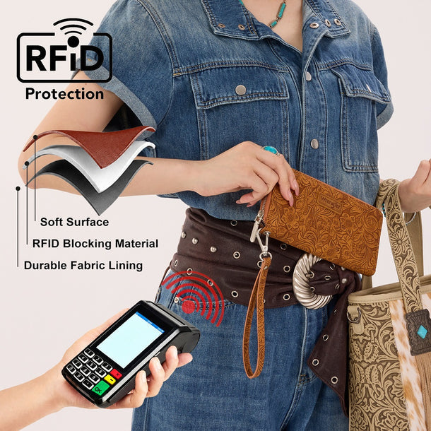 Wrangler Floral Tooled Wristlet RFID Wallet - Brown
