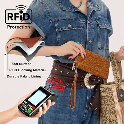 Wrangler Floral Tooled Wristlet RFID Wallet - Brown