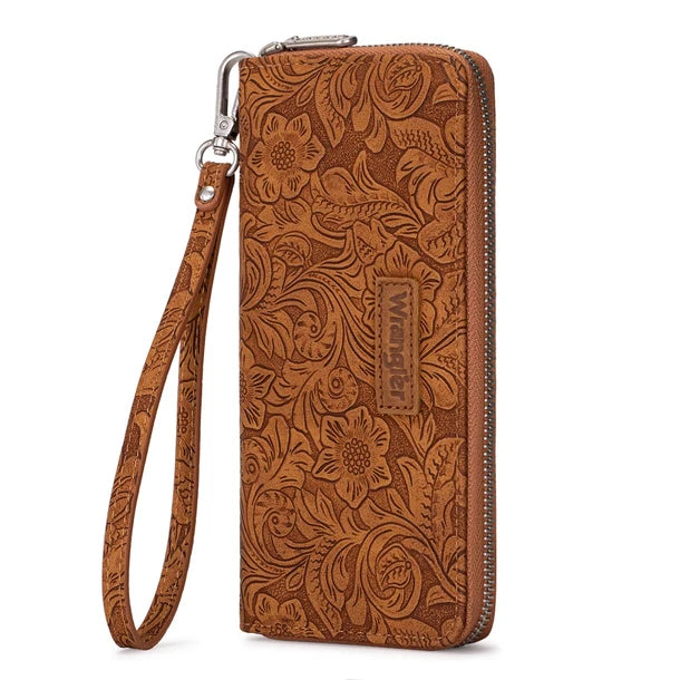 Wrangler Floral Tooled Wristlet RFID Wallet - Brown