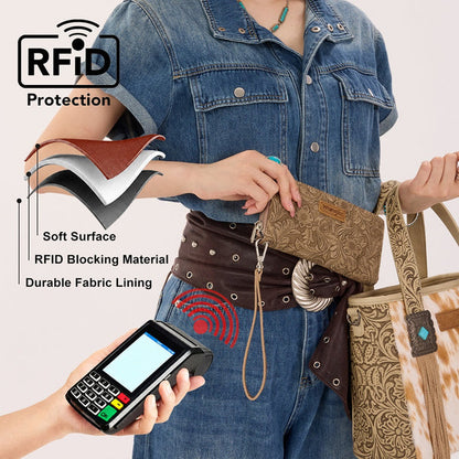 Wrangler Floral Tooled Wristlet RFID Wallet - Khaki