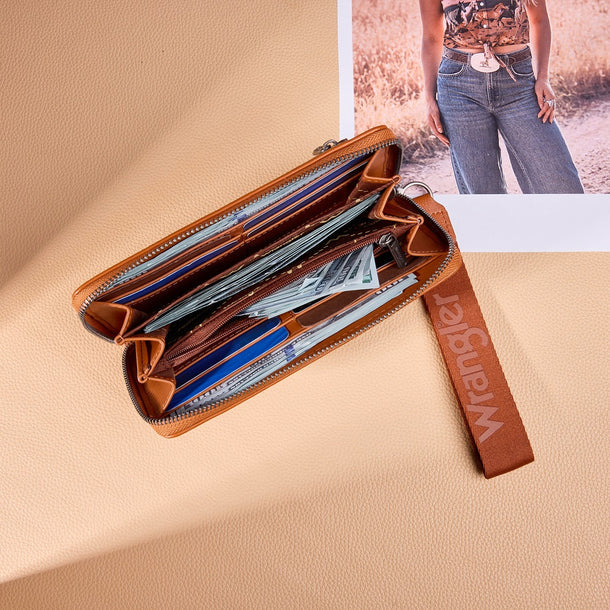 Wrangler Western Stitch Zip Around Wristlet Wallet - Brown