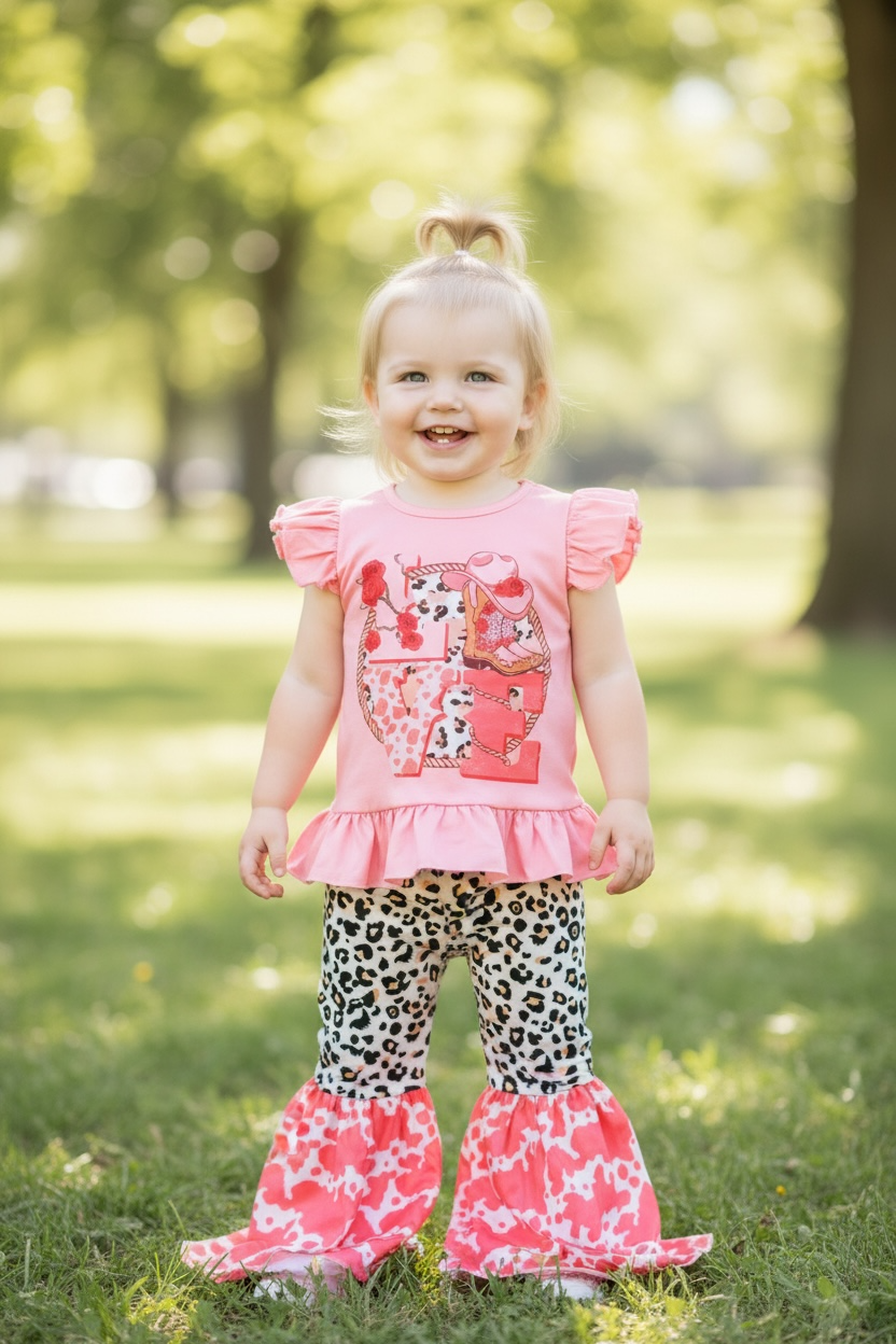 Baby Girls Set - Love" Western printed top w/bubble sleeve & bell bottoms.