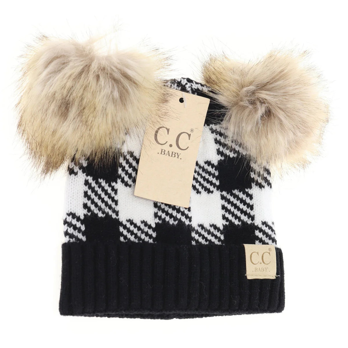 CLEARANCE - C.C Beanie BABY Buffalo Check Double Pom- Black/White