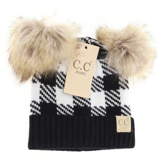CLEARANCE - C.C Beanie BABY Buffalo Check Double Pom- Black/White