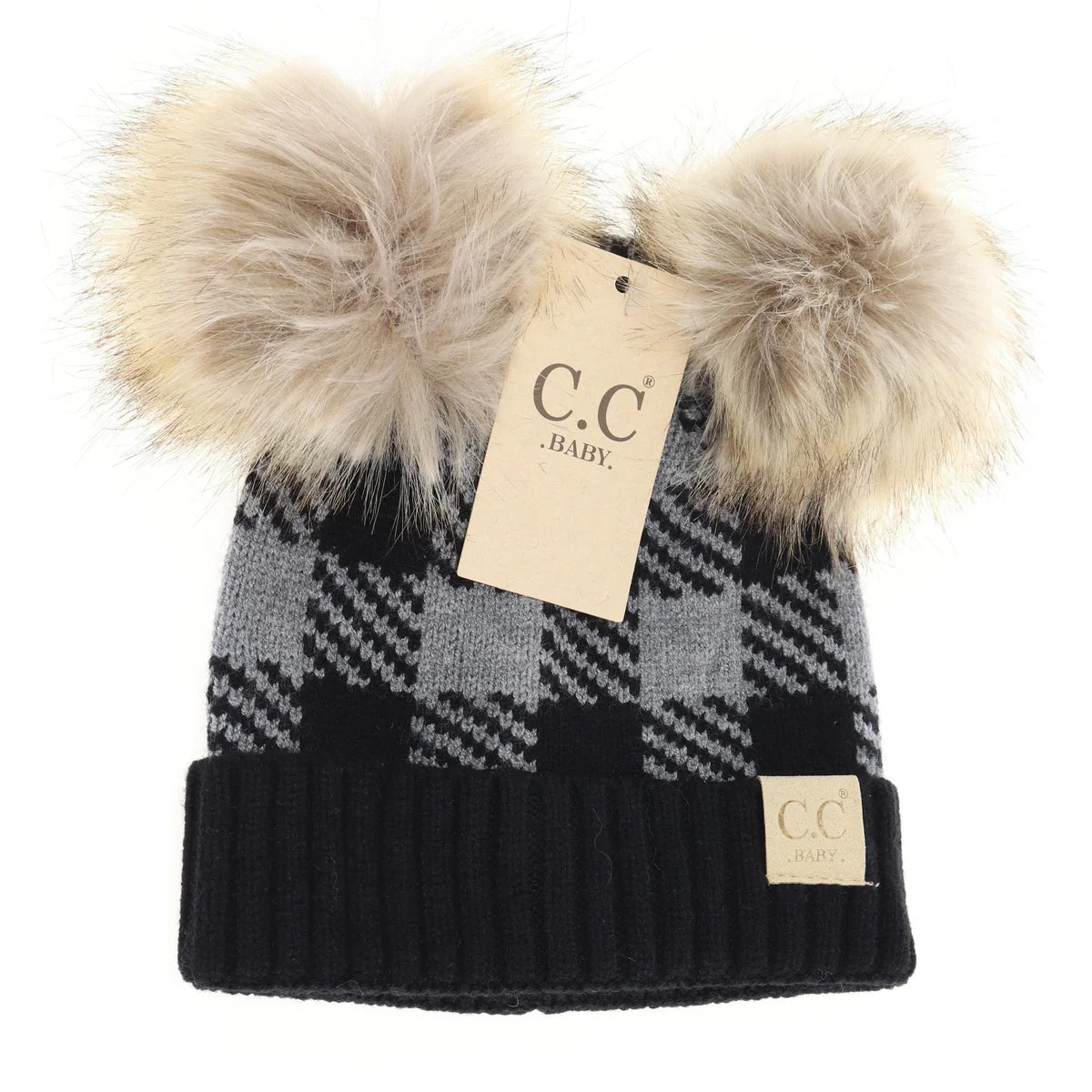 CLEARANCE - C.C Beanie BABY Buffalo Check Double Pom- Lt. Grey/Black