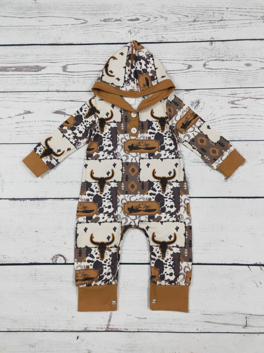 Western Printed Baby Boy Romper - Long Sleeve w/ Hood