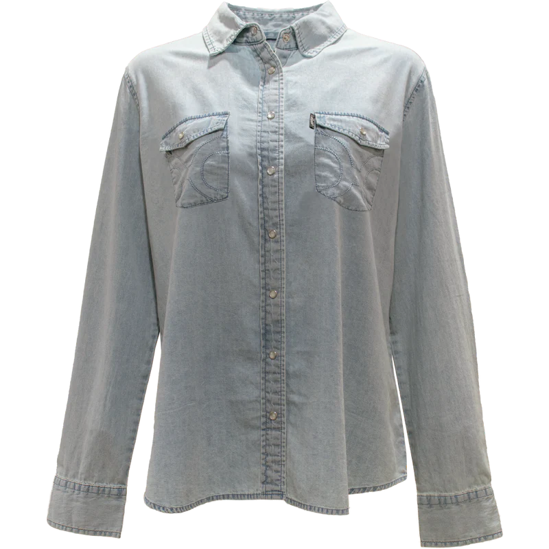 Ladies Hooey Chambray Denim Long Sleeve Shirt - Blue