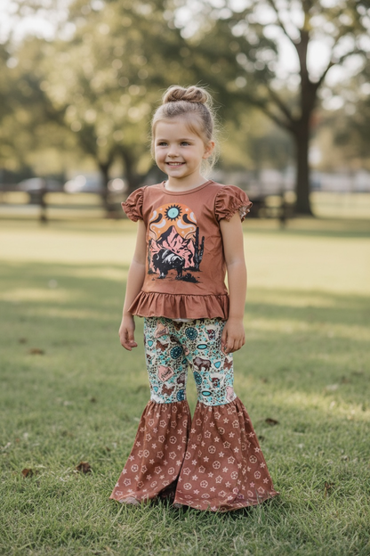 Baby Girl & Toddler - Bison printed on top & multi printed bell bottoms