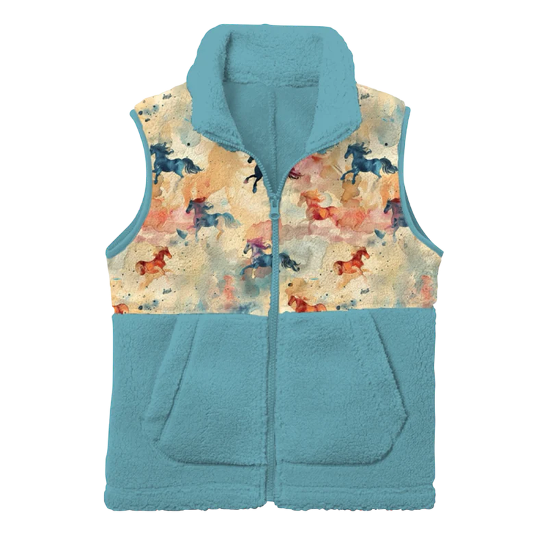 CLEARANCE - Shea Baby - Girls- Watercolor Horse Fleece Vest