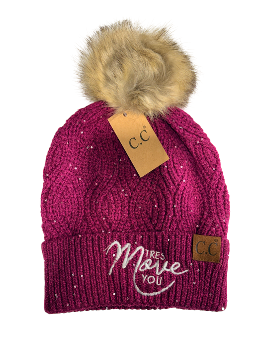Tres Move You -  Sequin Brioche Cable Knit Fur Pom C.C Beanie - Orchid Flower