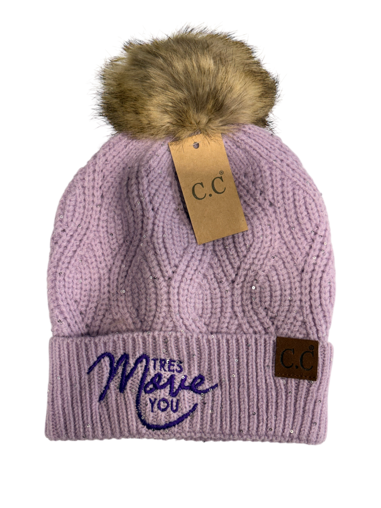 Tres Move You -  Sequin Brioche Cable Knit Fur Pom C.C Beanie - New Lavender