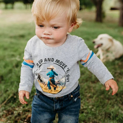 CLEARANCE - Shea Baby Head 'Em Up & Move Em' Out Graphic Long Sleeve Onesie/T-shirt