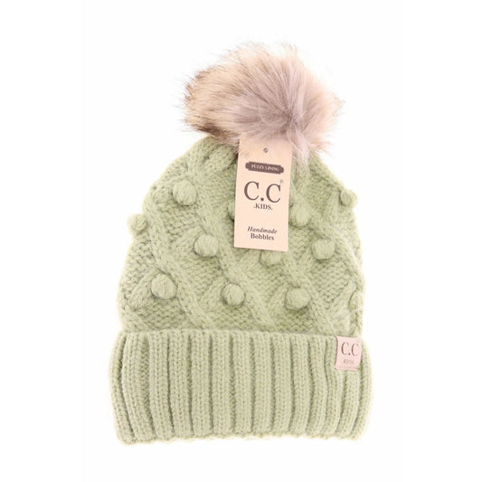 CLEARANCE - C.C KIDS Bobble Knit Faux Fur Pom - Winter Lime