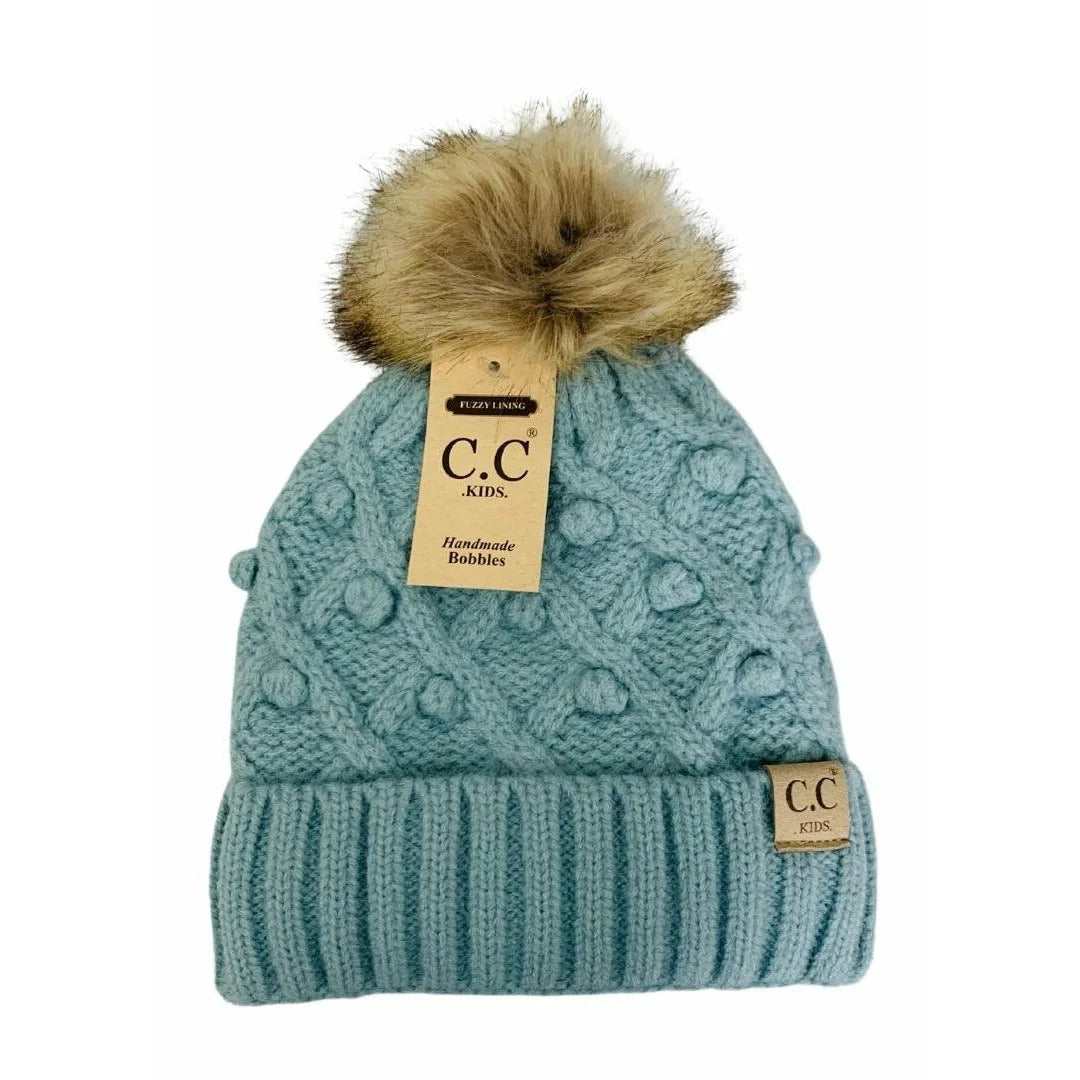 CLEARANCE - C.C KIDS Bobble Knit Faux Fur Pom - Winter Mint