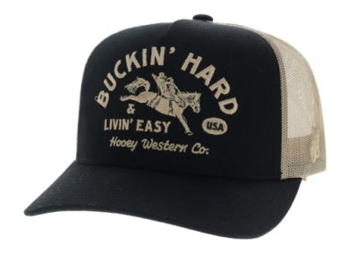 Hooey - Buckin' Hard, Black / Tan 5-Panel Trucker Hat with Tan Buckin' Hard Embroidery Logo